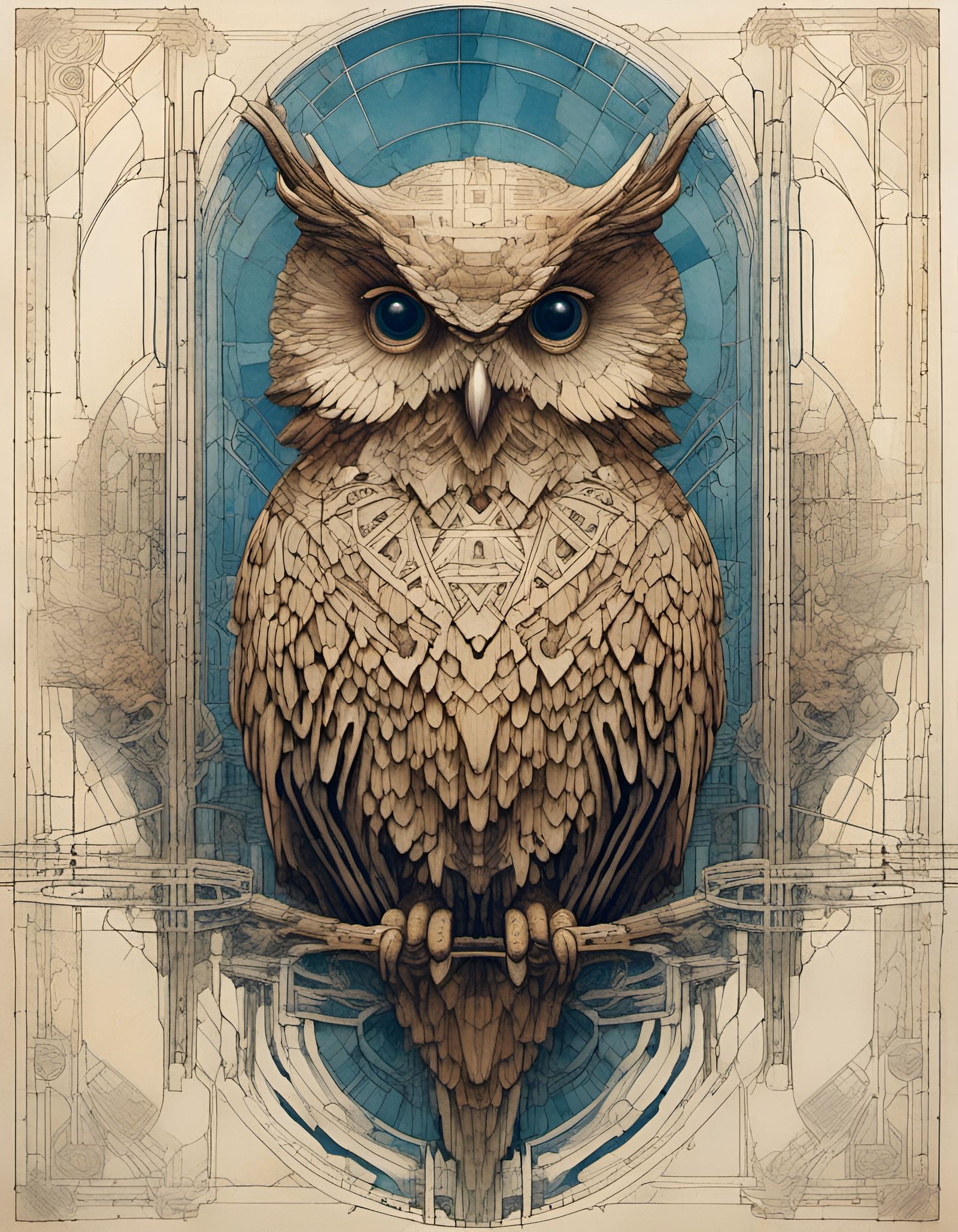 Art Deco Owl Illustration with Floral Elements