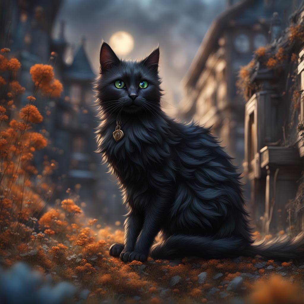 Windblown Black Cat with Pencil Sketch Filter