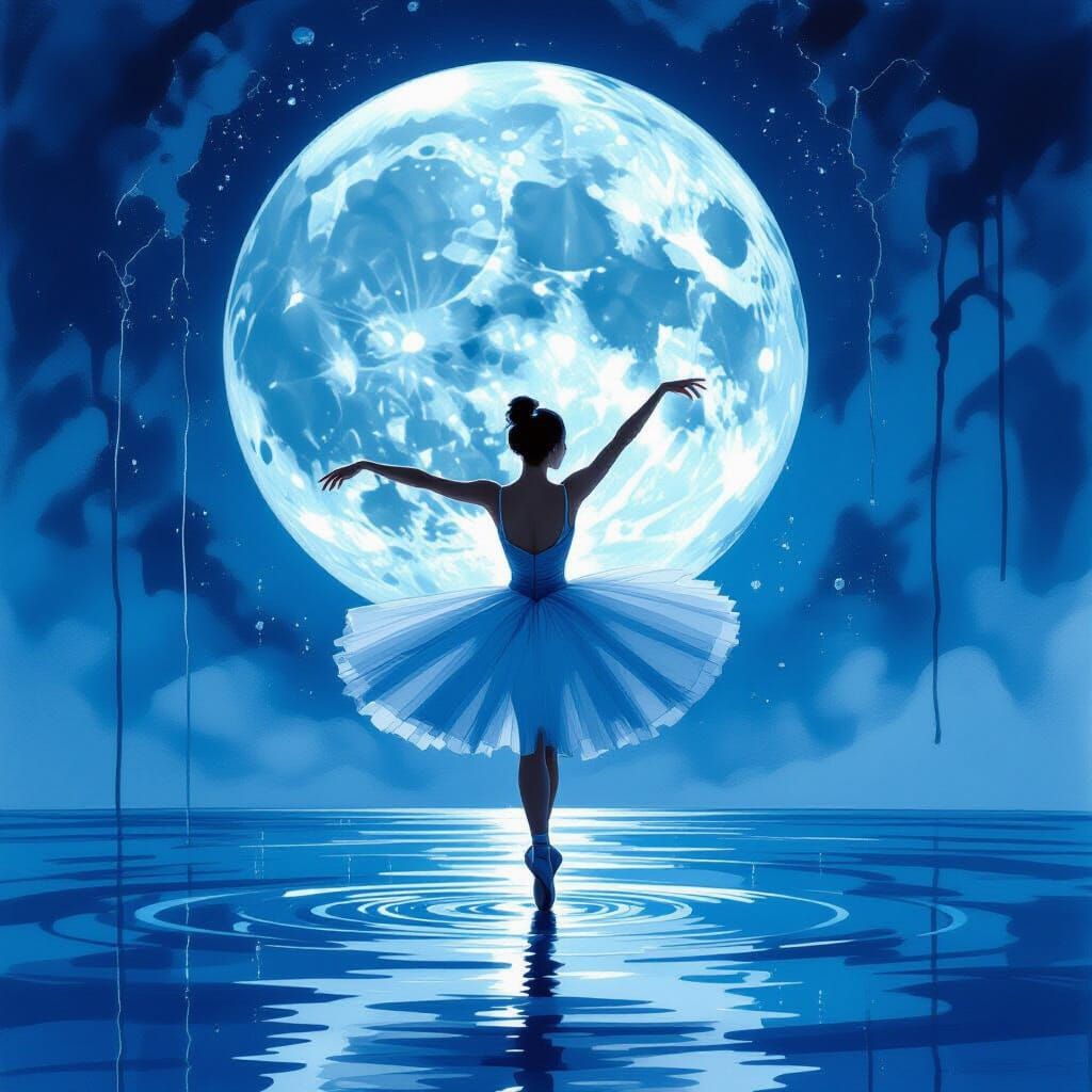 Ink Stain Ballerina Dances on Silver-Blue Moonlit Sea