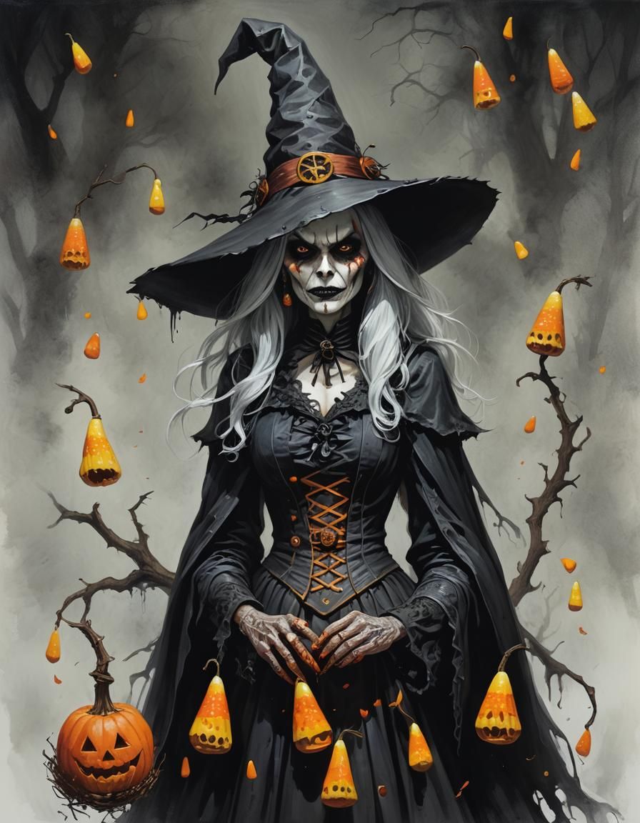 Sinister Gothic Candycorn Witch in Dark Fantasy Style