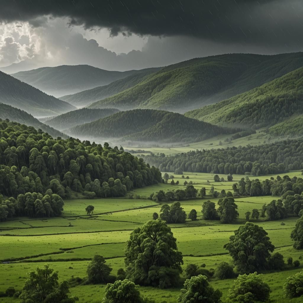 Rainy Landscape Matte Painting of Green Fields
