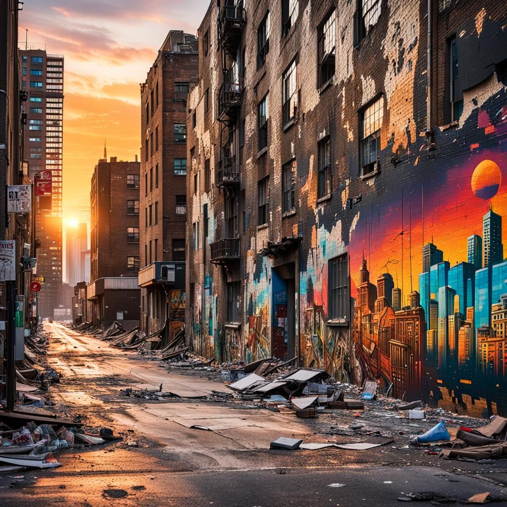 Dystopian Street Art: Apocalypse Mural in Golden Light