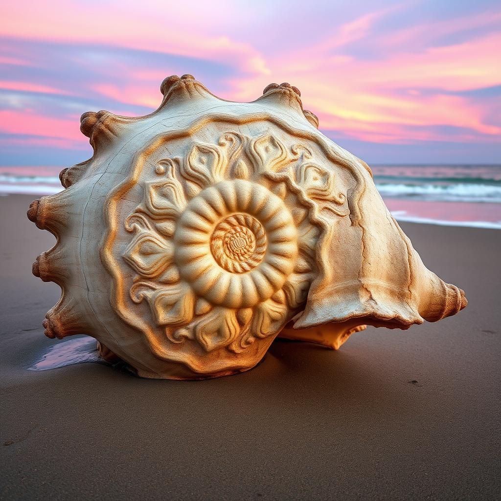Seashell Mandala on Beach at Dawn
