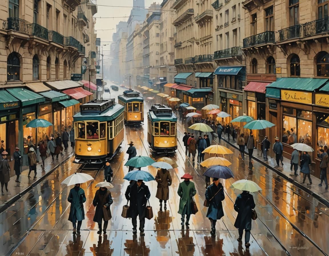 Istiklal Avenue in Spring Rain: Impressionistic Gouache Pain...