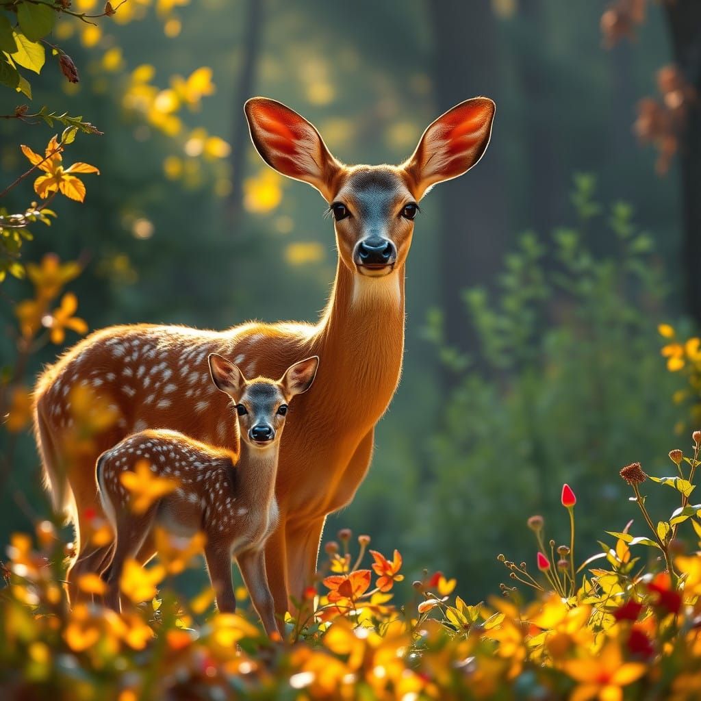 Mother Deer and Fawn in a Georgia O'Keeffe-Inspired Forest L...
