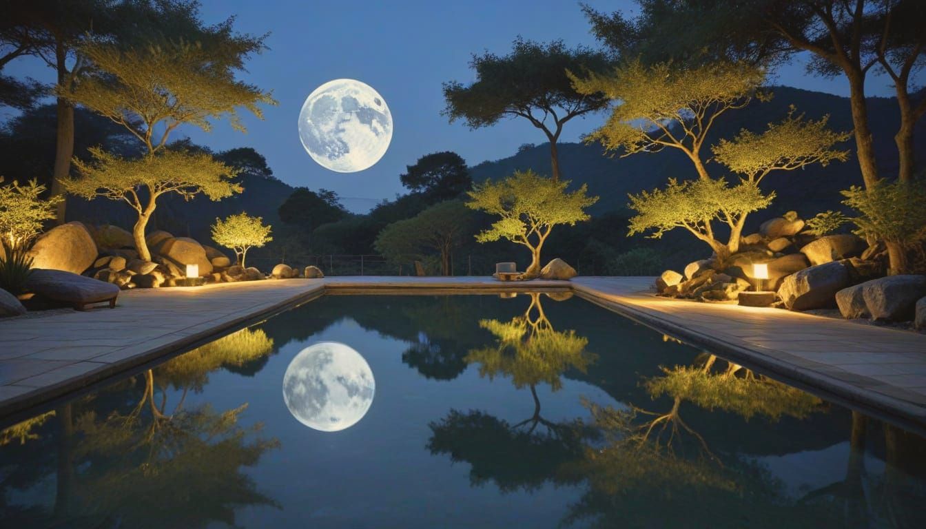 Moon Reflection in Zen Pool with Wabi-Sabi