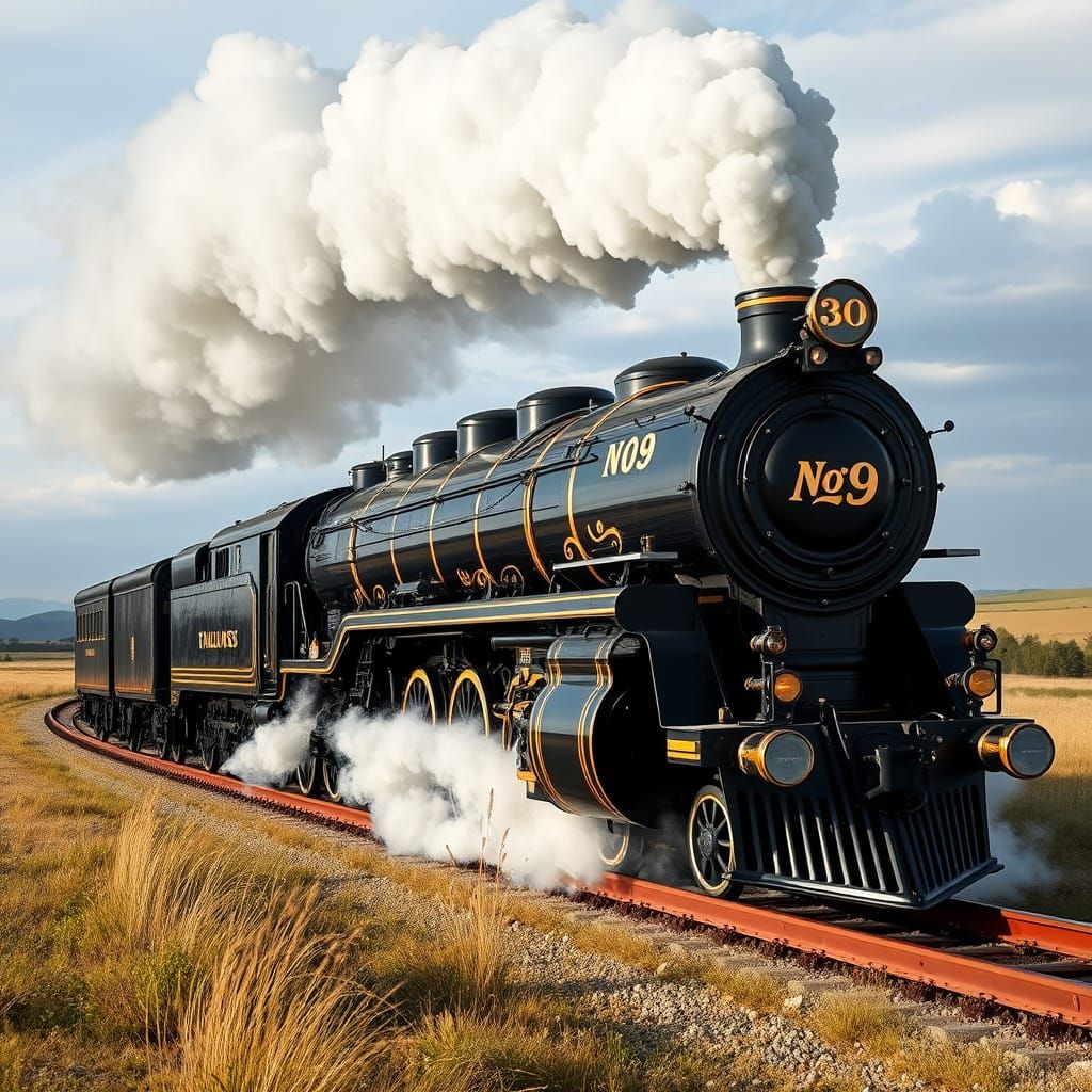 Art Deco Train No. 9 Speeds Through the Countryside