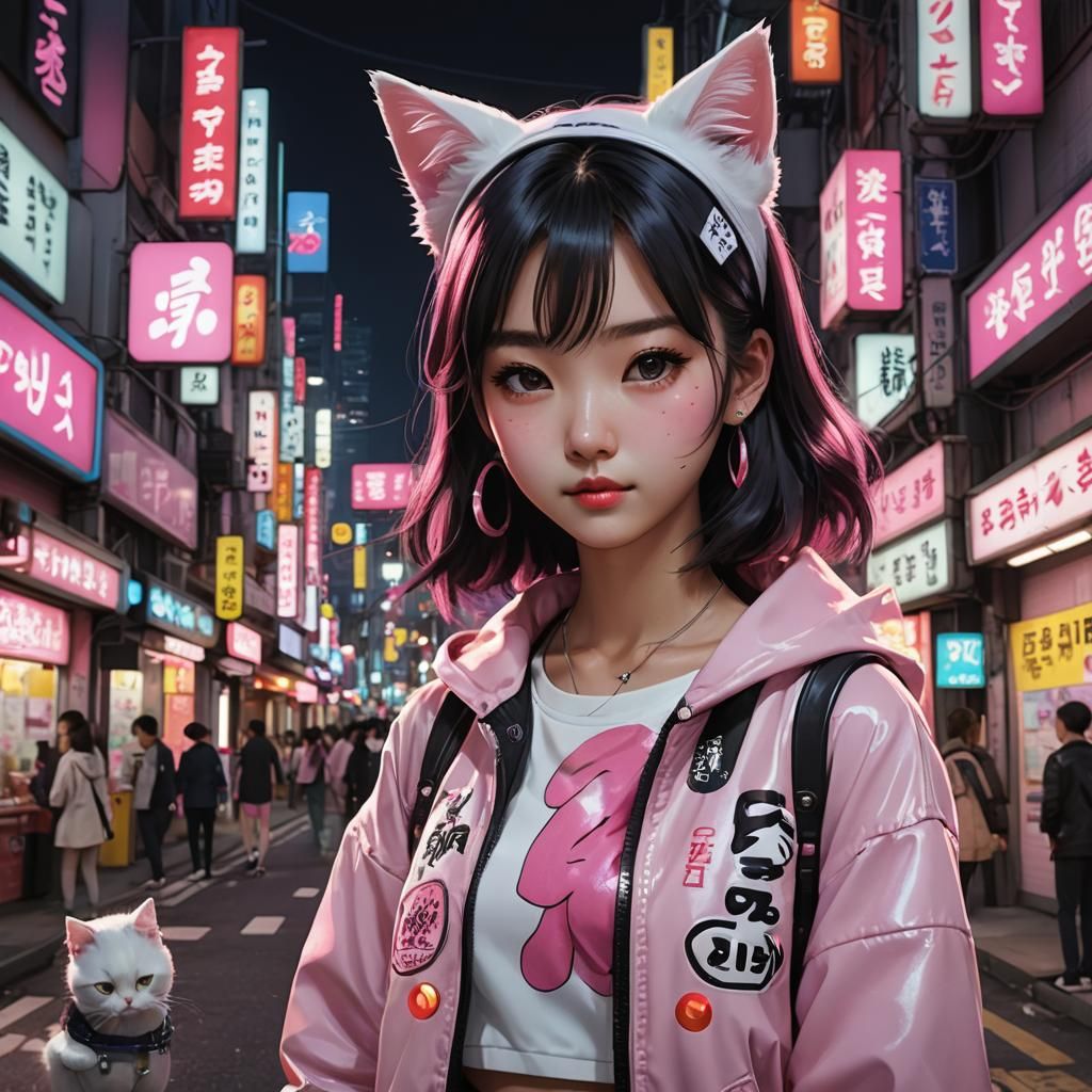 Korean Girl in Neon Street Scene as Digital Art