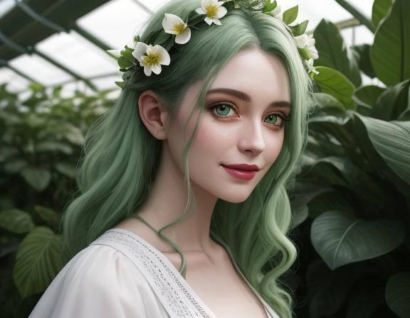Girl with Green Curls in Greenhouse Portrait