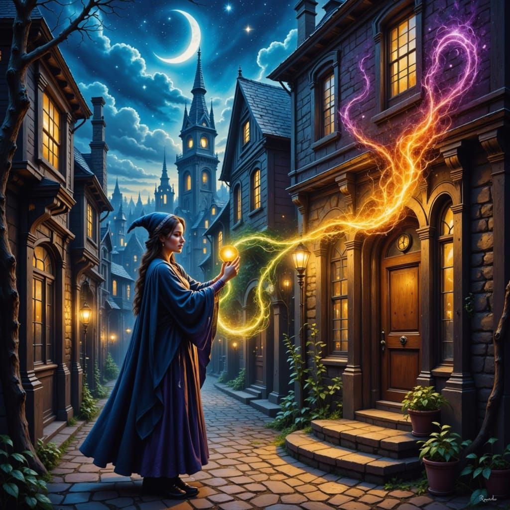 A magician lamp lighter of old Victorian city streets