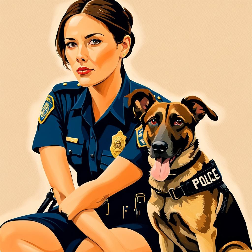 Detailed Gouache Painting of Police Officer with Dog