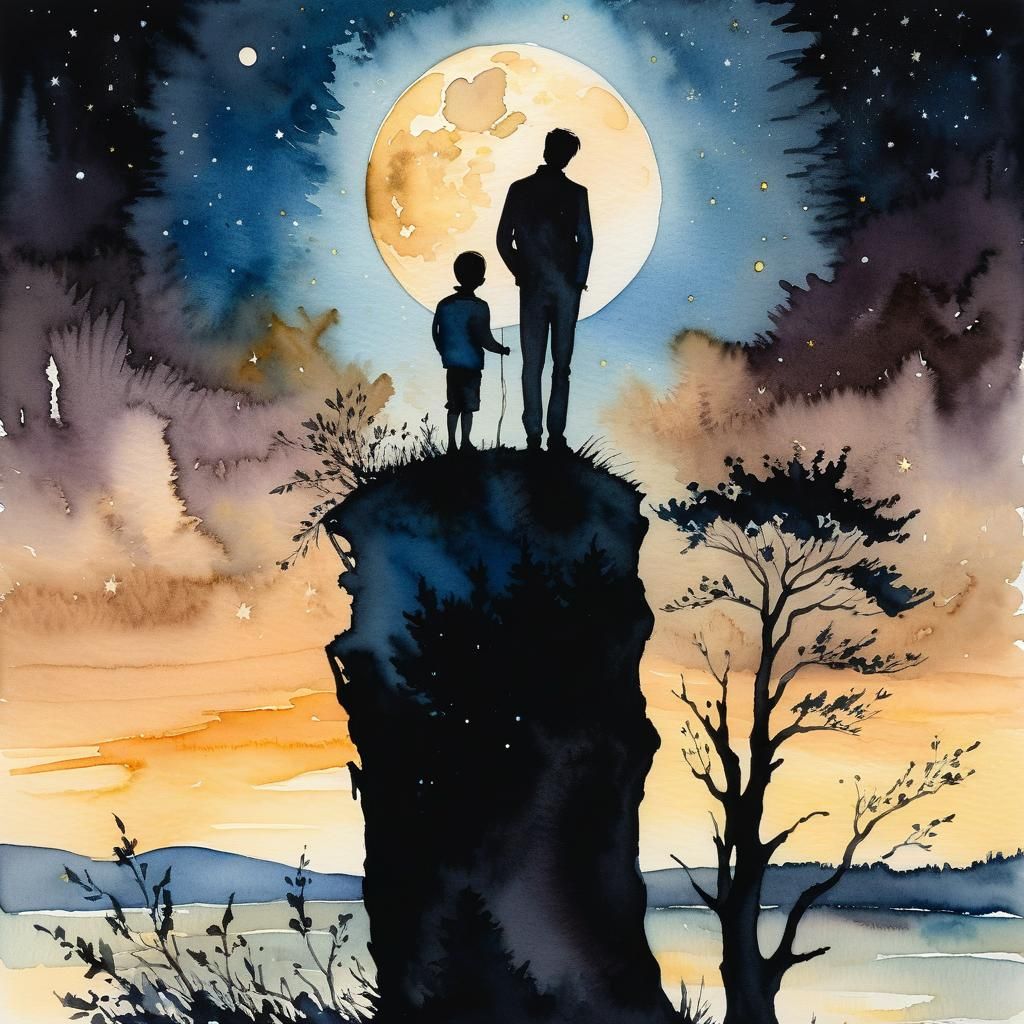 Man and Son Gazing at Moon in Surrealist Watercolor