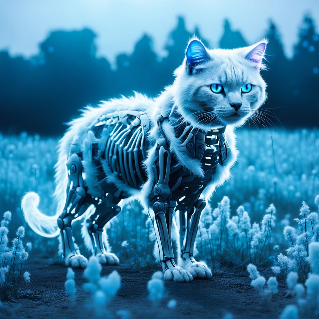 Ethereal Ghostly Exo-Skeleton Cat in Bioluminescent Meadow