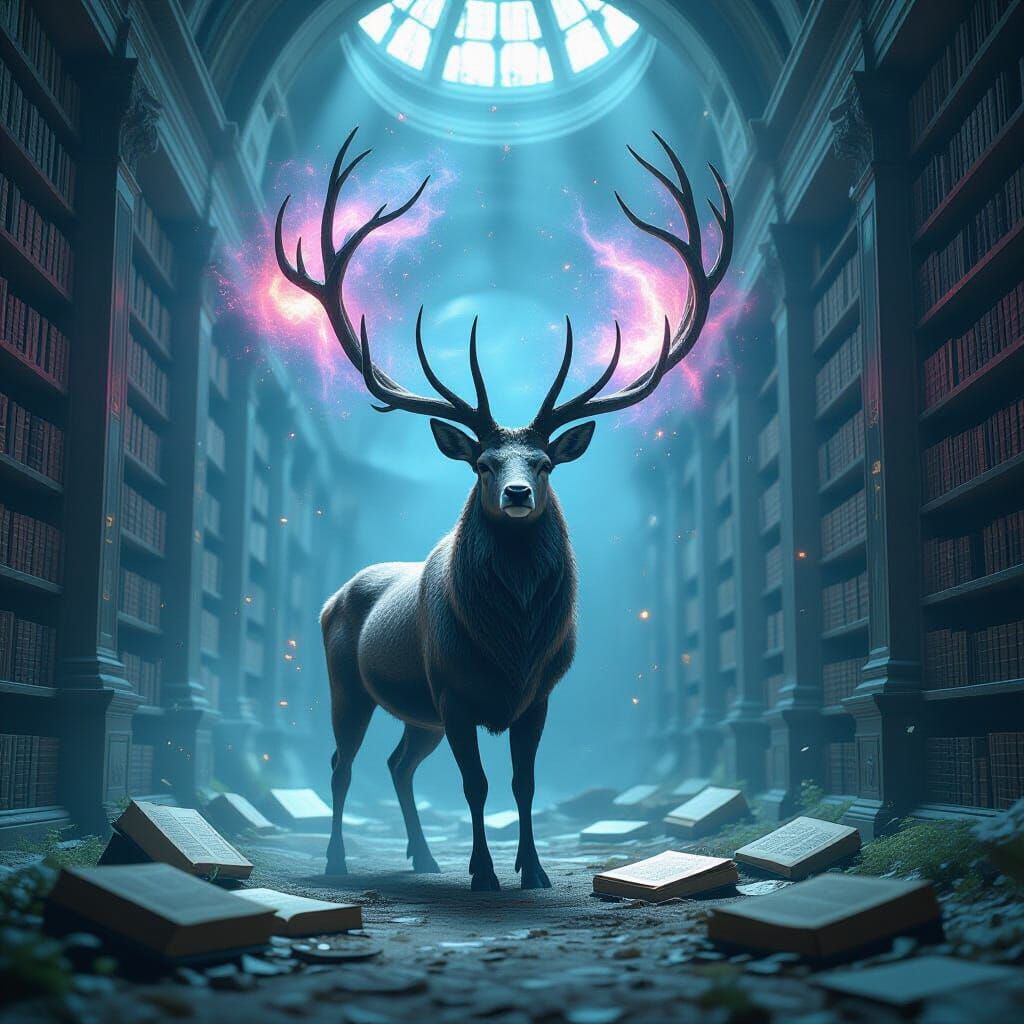 Cosmic Stag in Ancient Library