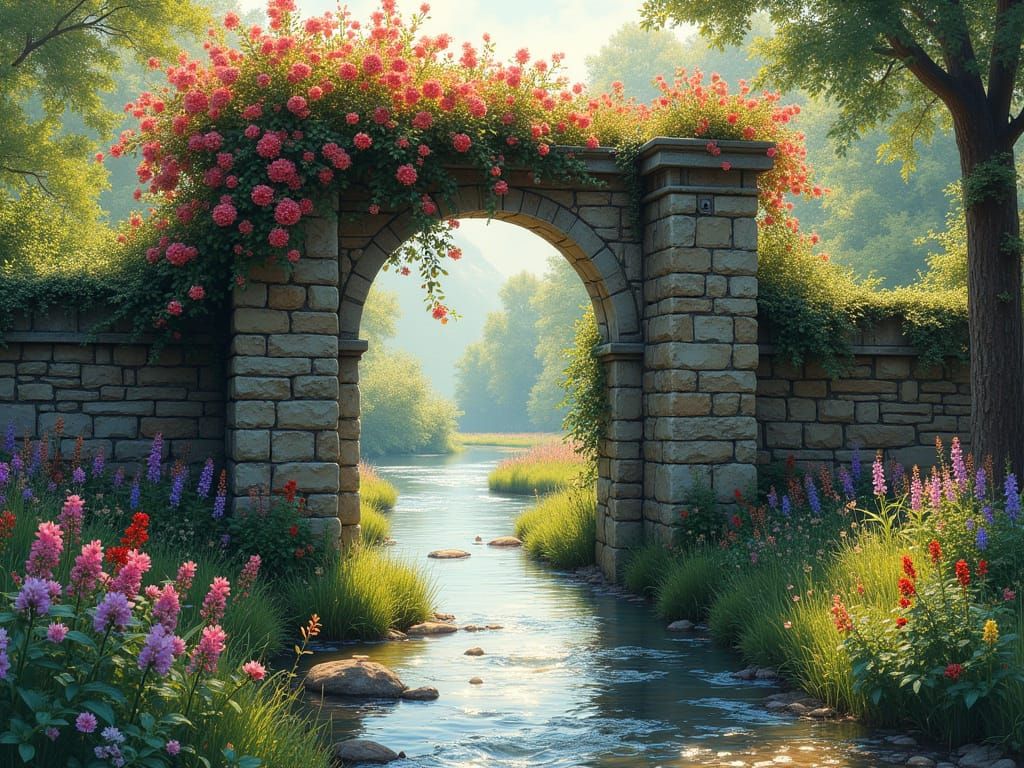 Idyllic Stone Gate with Cascading Flowers and Stream