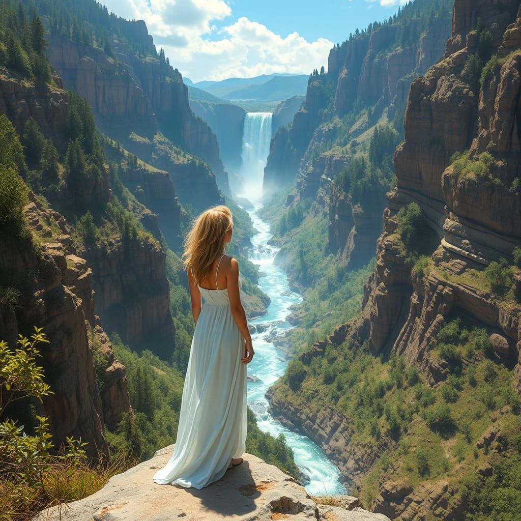 Majestic Canyon Waterfall Vista in Bierstadt Style
