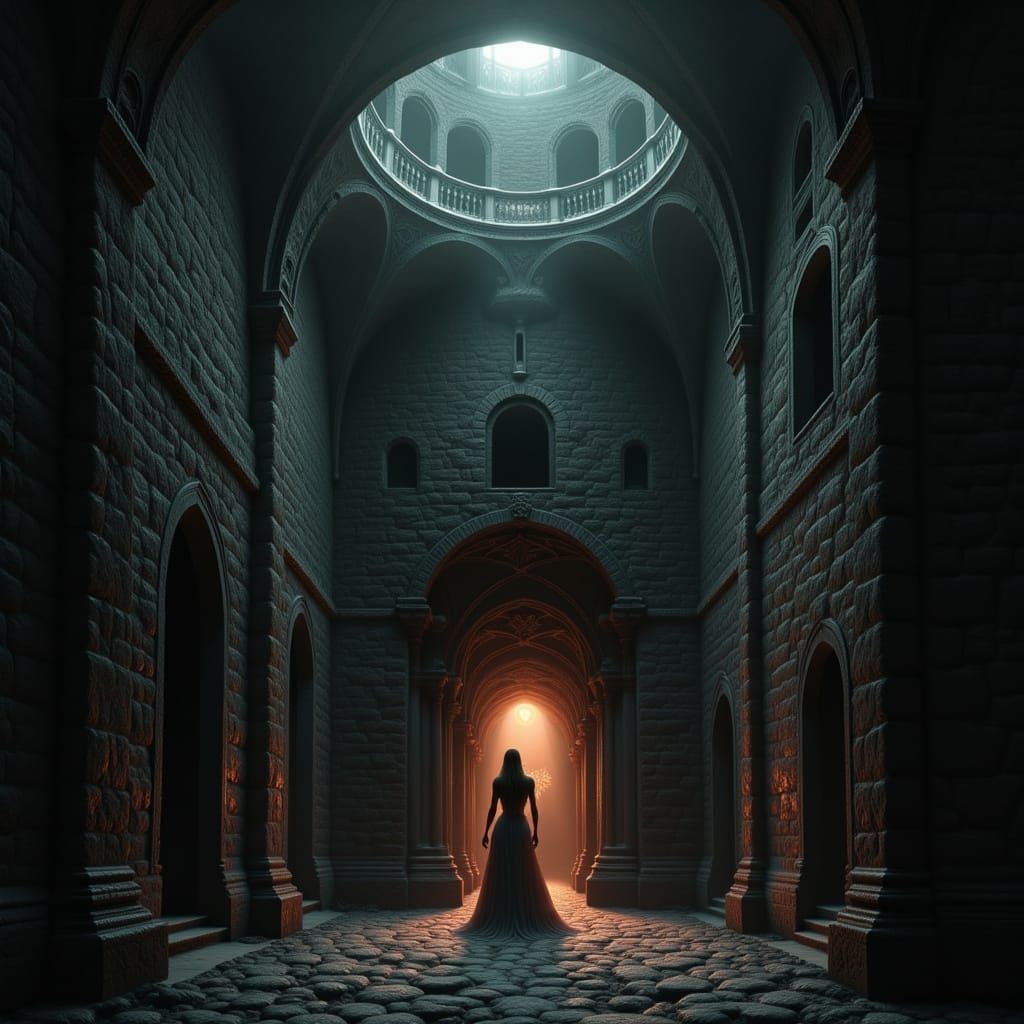 Woman Merging With Fortress Walls, Hope in Distant Tunnel