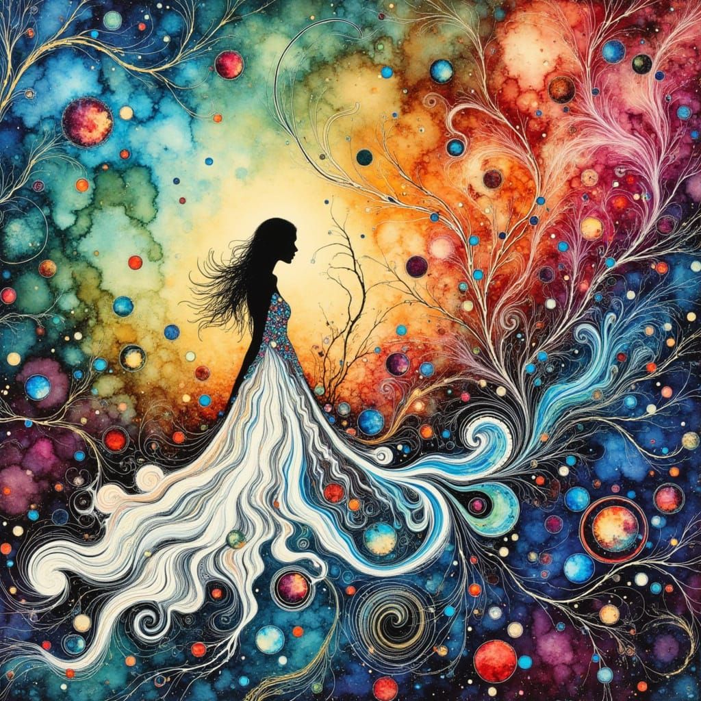 Surreal Cityscape with Distant Woman in Vibrant Alcoholic In...