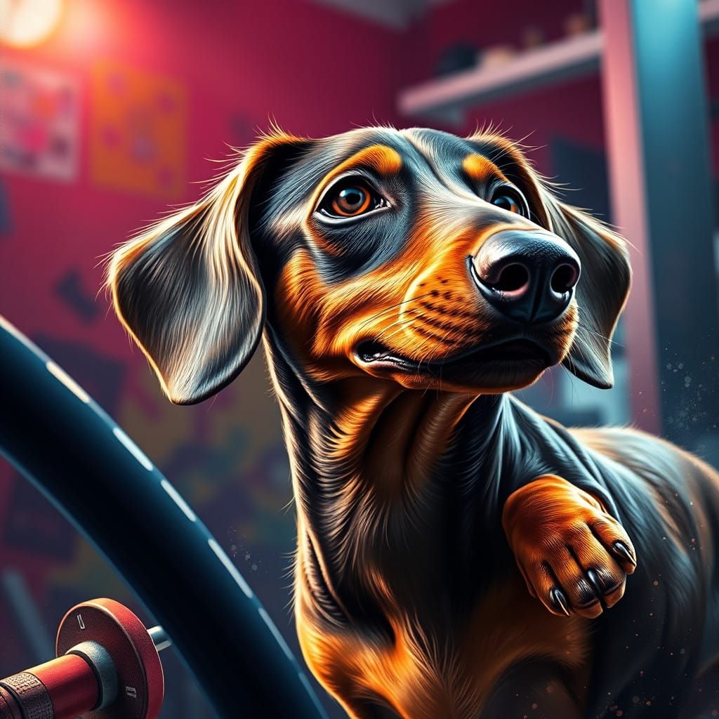 Hyperrealistic Gym Scene Featuring a Dachshund