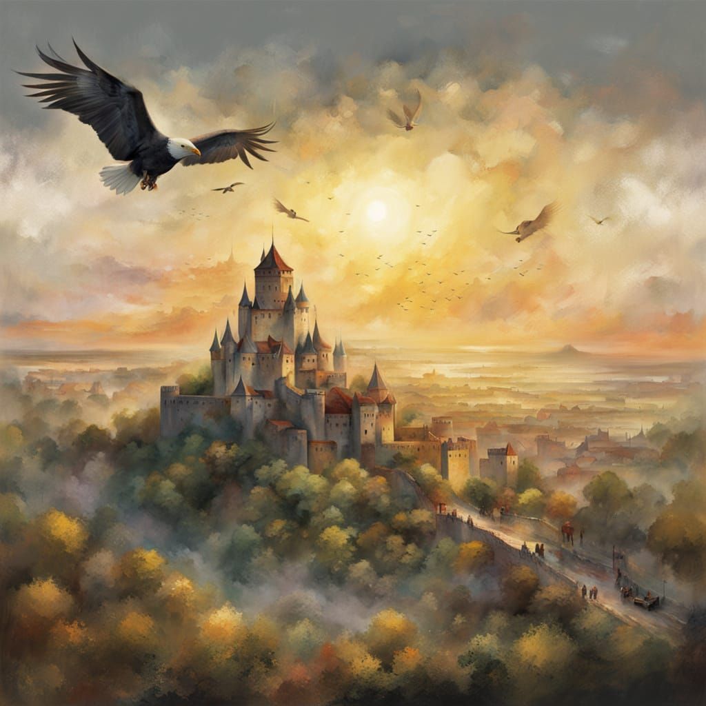 Ancient Castle and Army: Art Deco Ink Painting