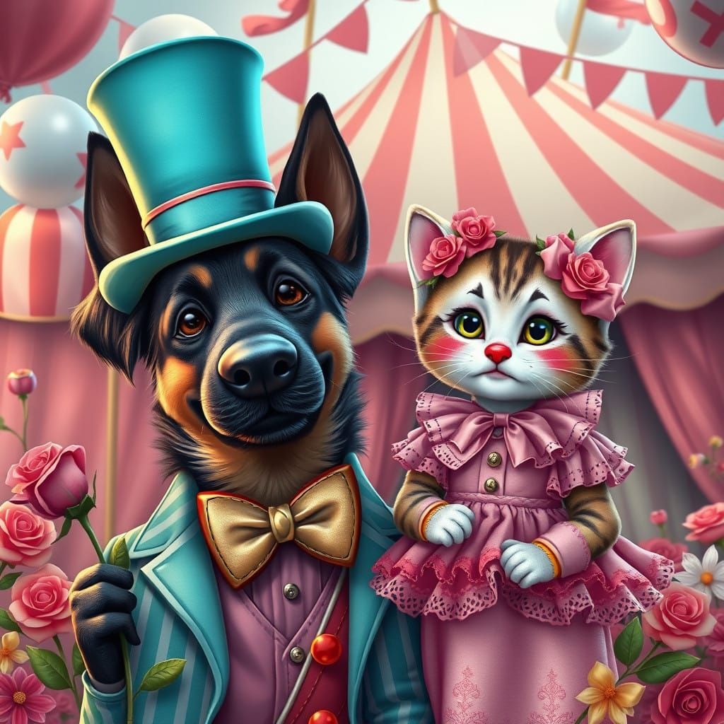 Vintage Circus Duo: Whimsical Clown Animals in Colorful Harm...