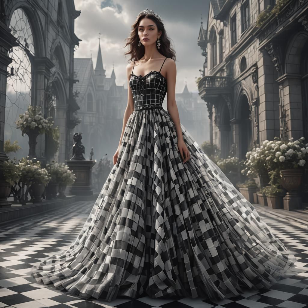 Woman in Checkered Tulle Dress: Fantasy Concept Art