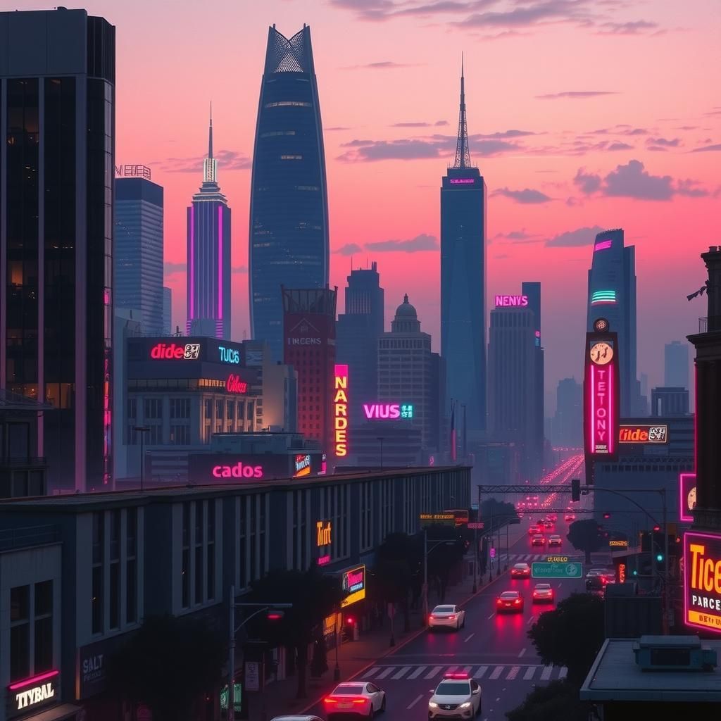 Synthwave Cityscape at Dusk in Retro-Futuristic Style