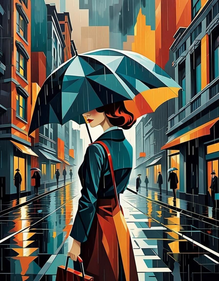 Rainy Day Cityscape in Art Deco Gouache Style
