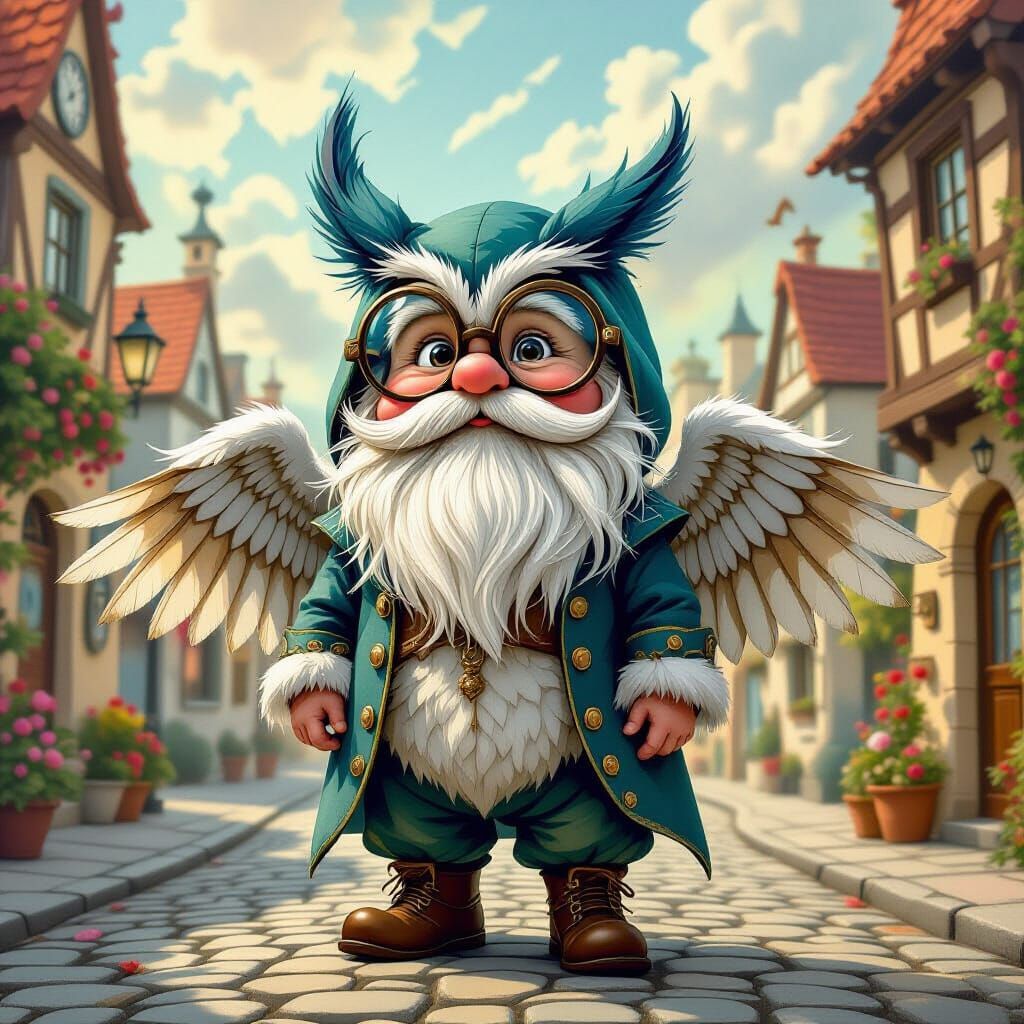 Gnome in Owl Costume on Cobblestone Street