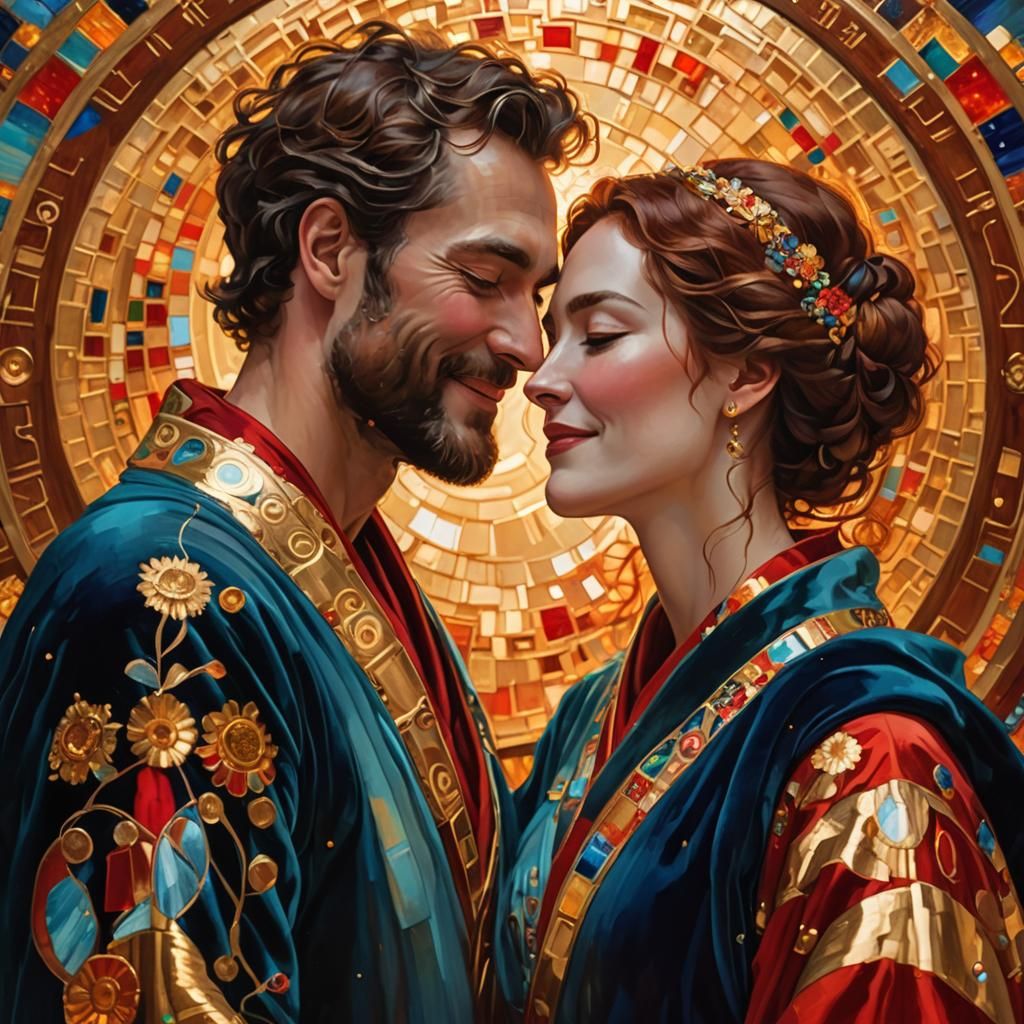 Radiant Couple in Klimt-Style Impressionist Portrait