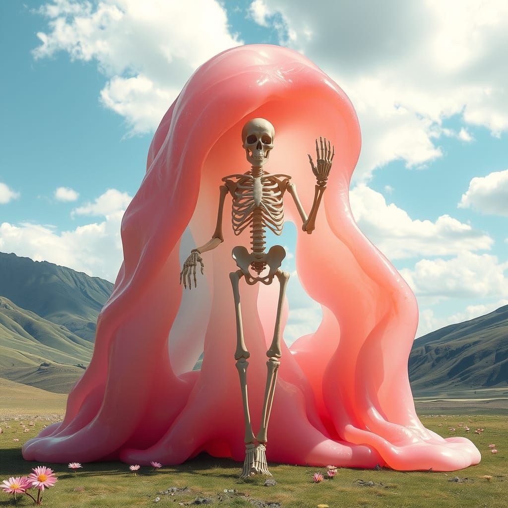 Giant Multicolored Slime Creature in a Shifting Valley