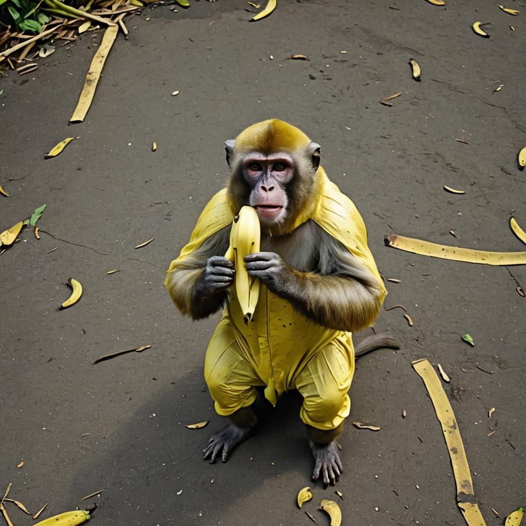 Monkey in Banana Suit Eating a Banana