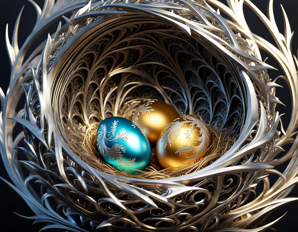 Intricate Metallic Fractal Bird Nest with Dragon