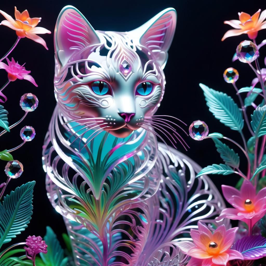 Crystal Cat Filigree Garden in Synthwave Style