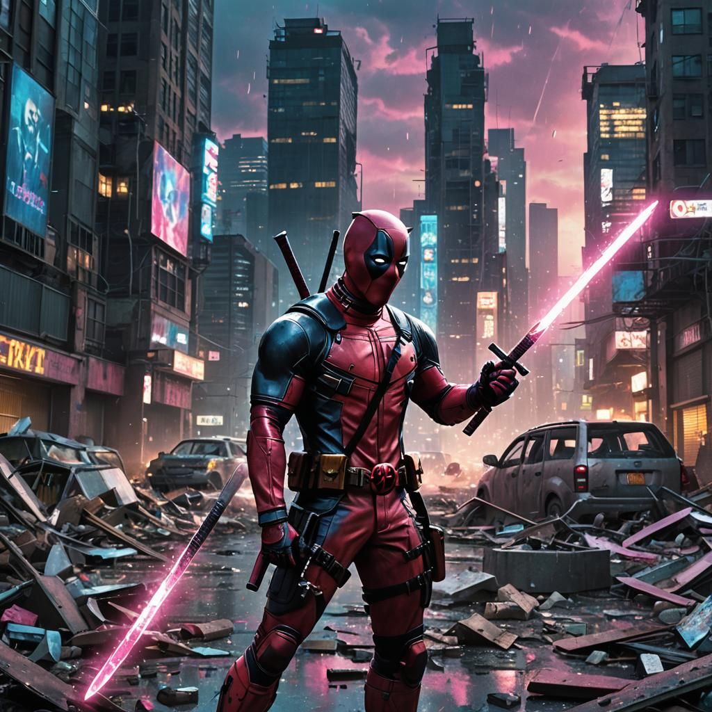 Deadpool in Cityscape, Fantasy Concept Art