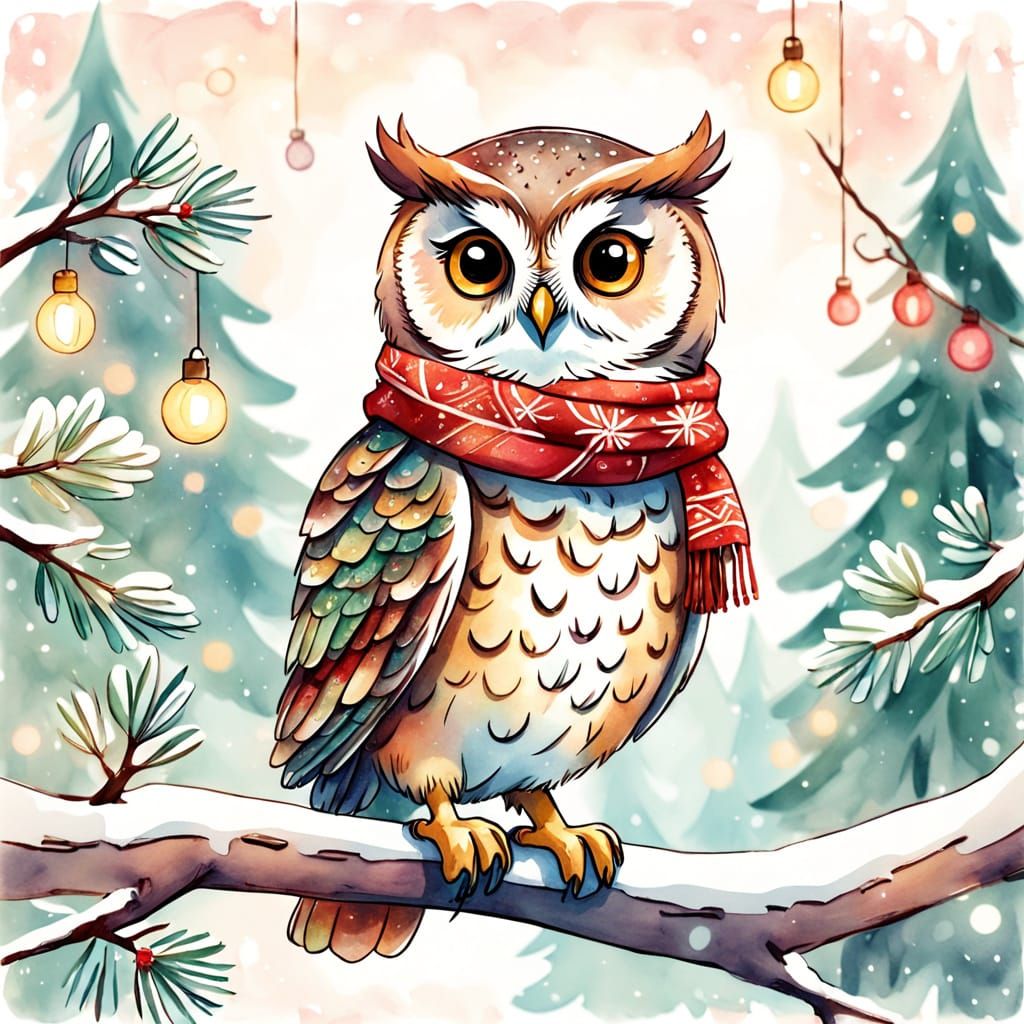 Cute Owl in Christmas Scarf Watercolor Sketch Collage