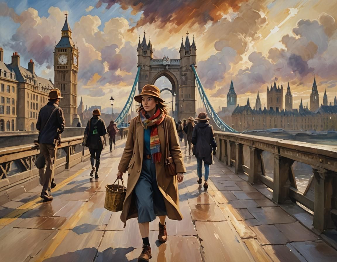 Gentlewoman in Whimsical London Scene, Inspired by Monet