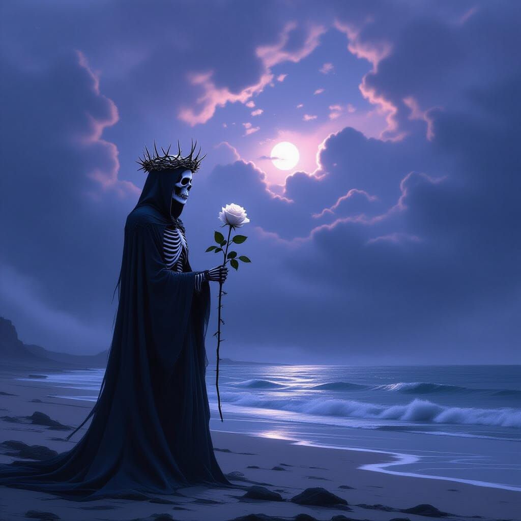Skeleton with Rose on Shore, Dark Fantasy Cinematic Style