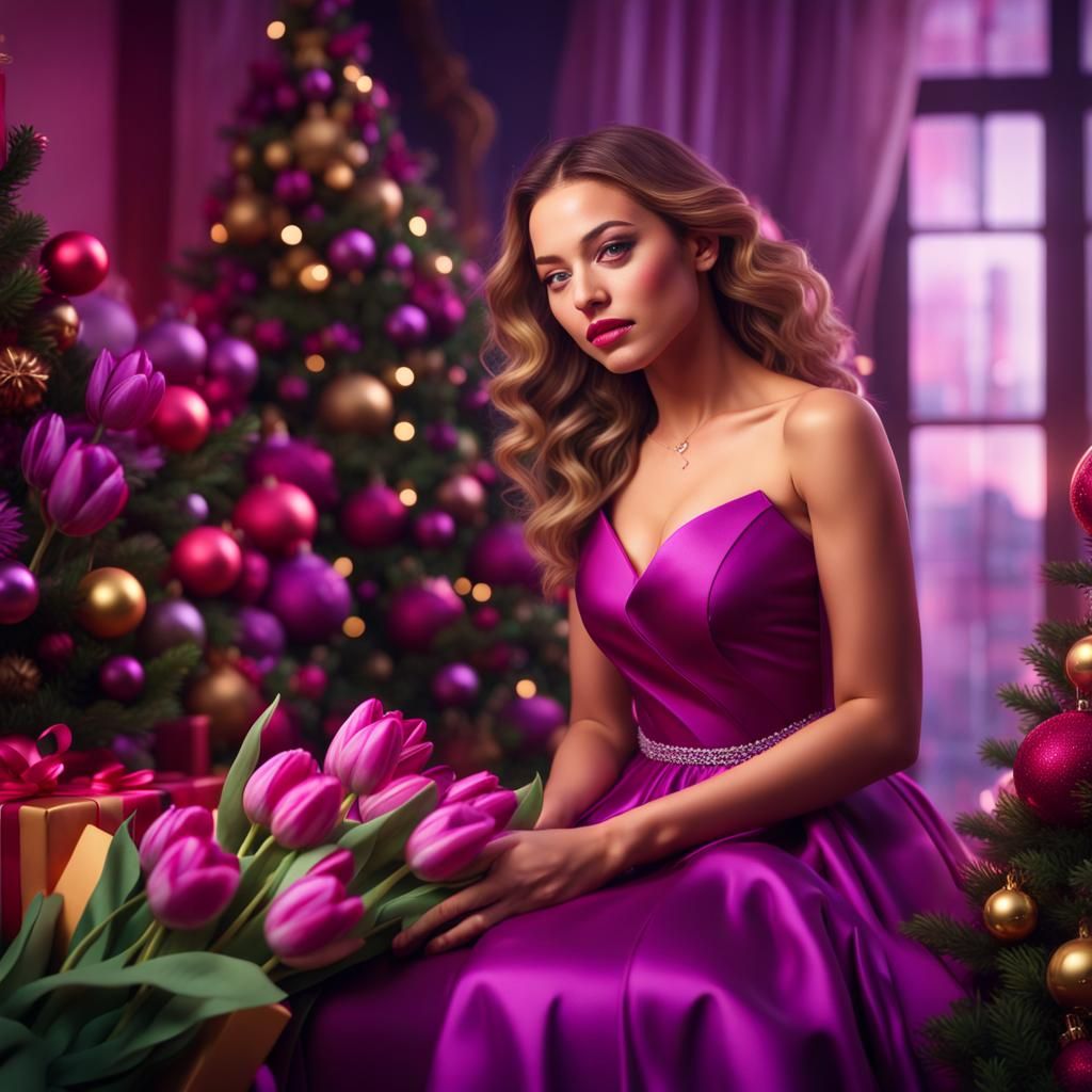 Beautiful Woman with Tulips by Christmas Tree