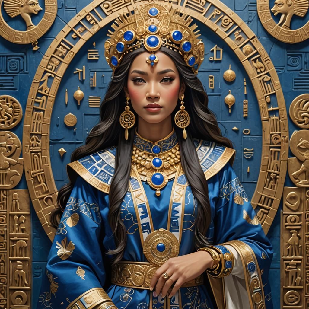 Regal Woman with Blue and Gold Hieroglyphic Backdrop