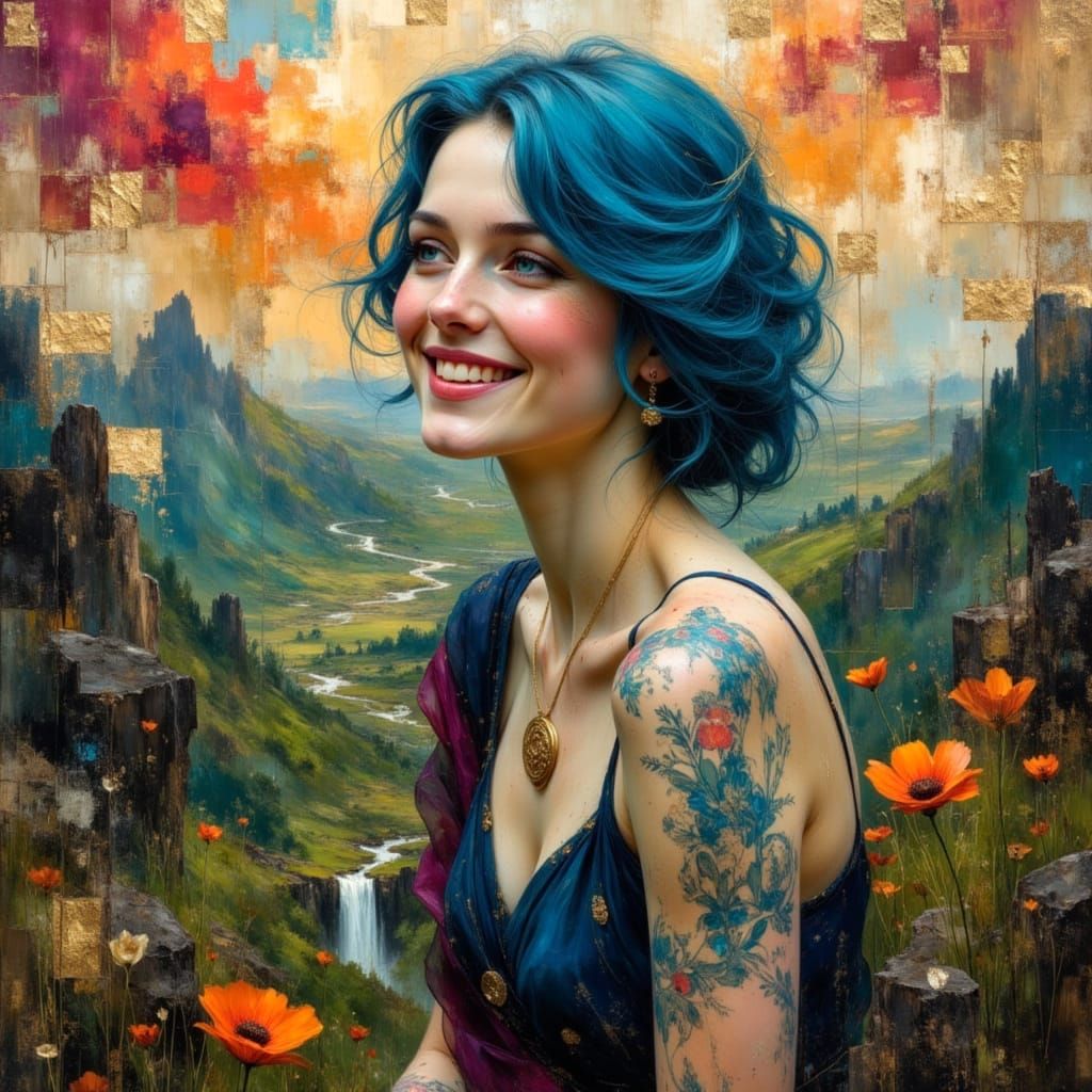 Blue-Haired Celtic Warrior in Surreal Oil Painting