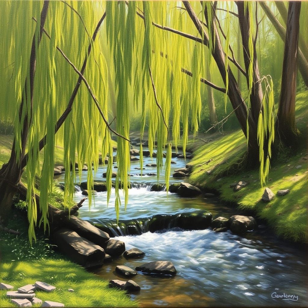 Lush Green Willow Branches by Stream, Oil Painting