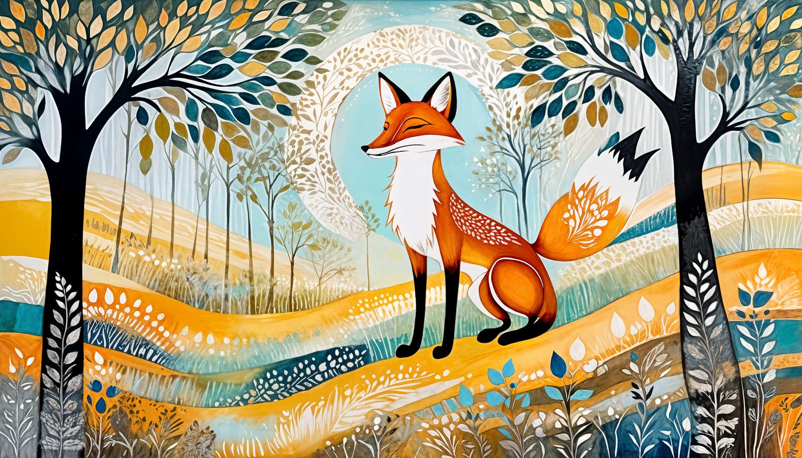 Stylized Fox in Forest, Whimsical Encaustic Painting