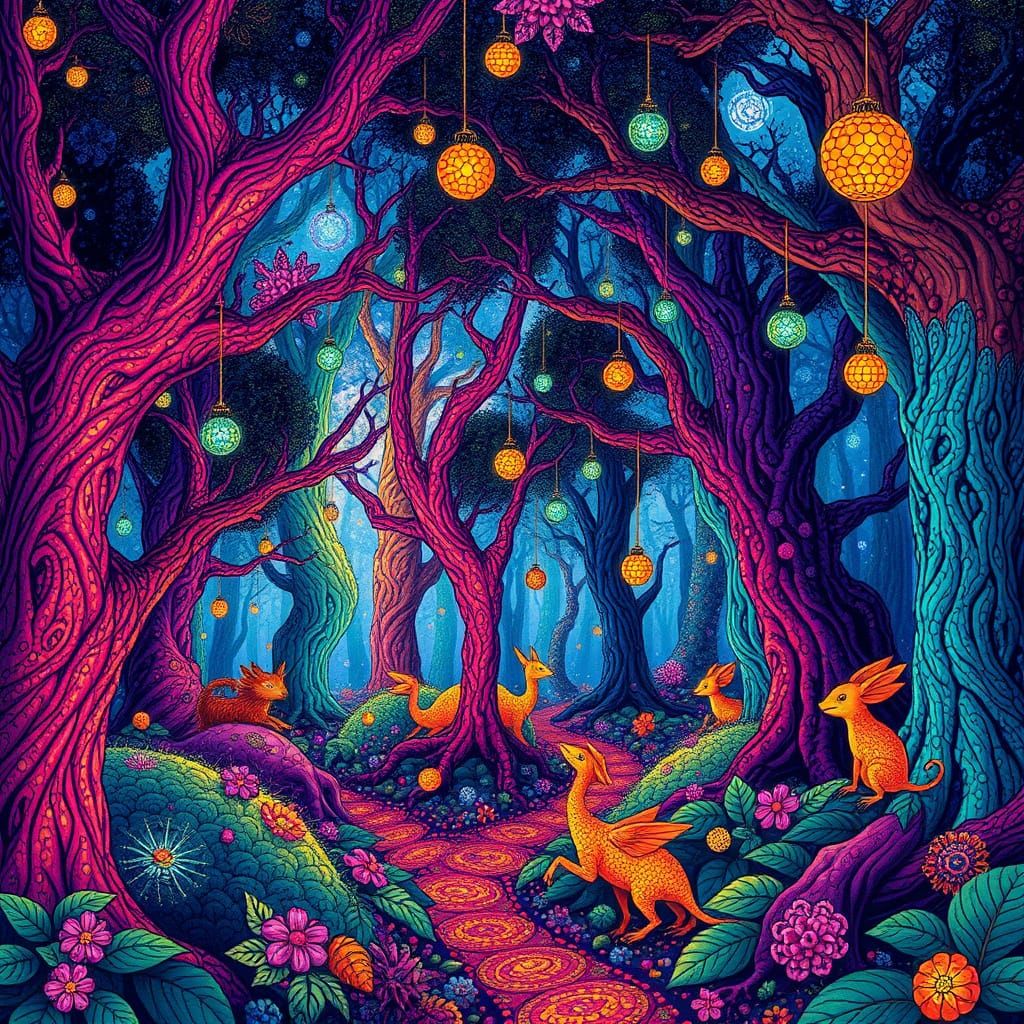 Psychedelic Forest with Bioluminescent Creatures