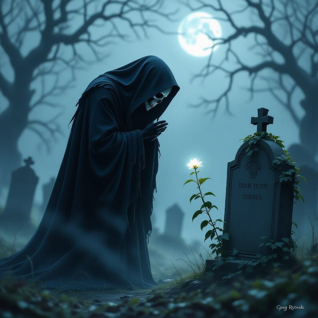 Gothic Grim Reaper Observes Glowing Flower