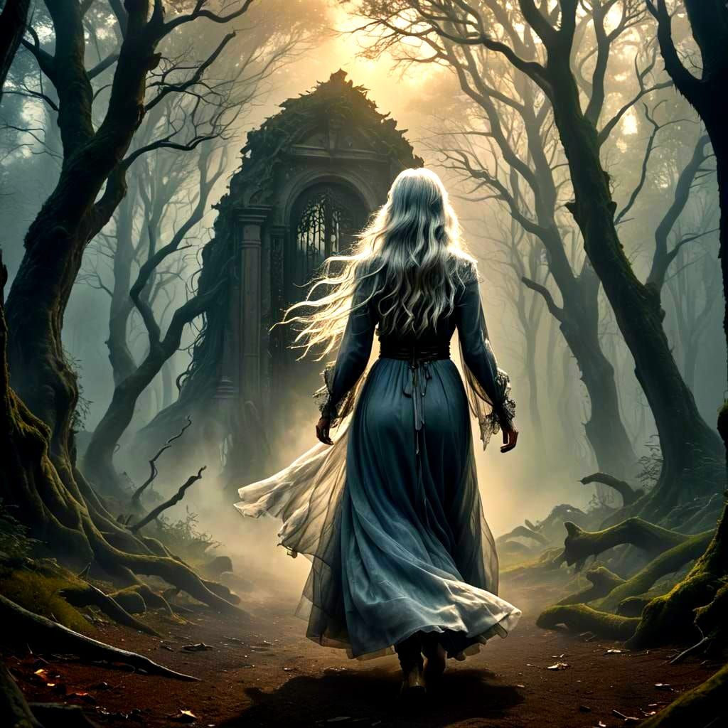 Woman Walks Through Misty Forest in Digital Painting