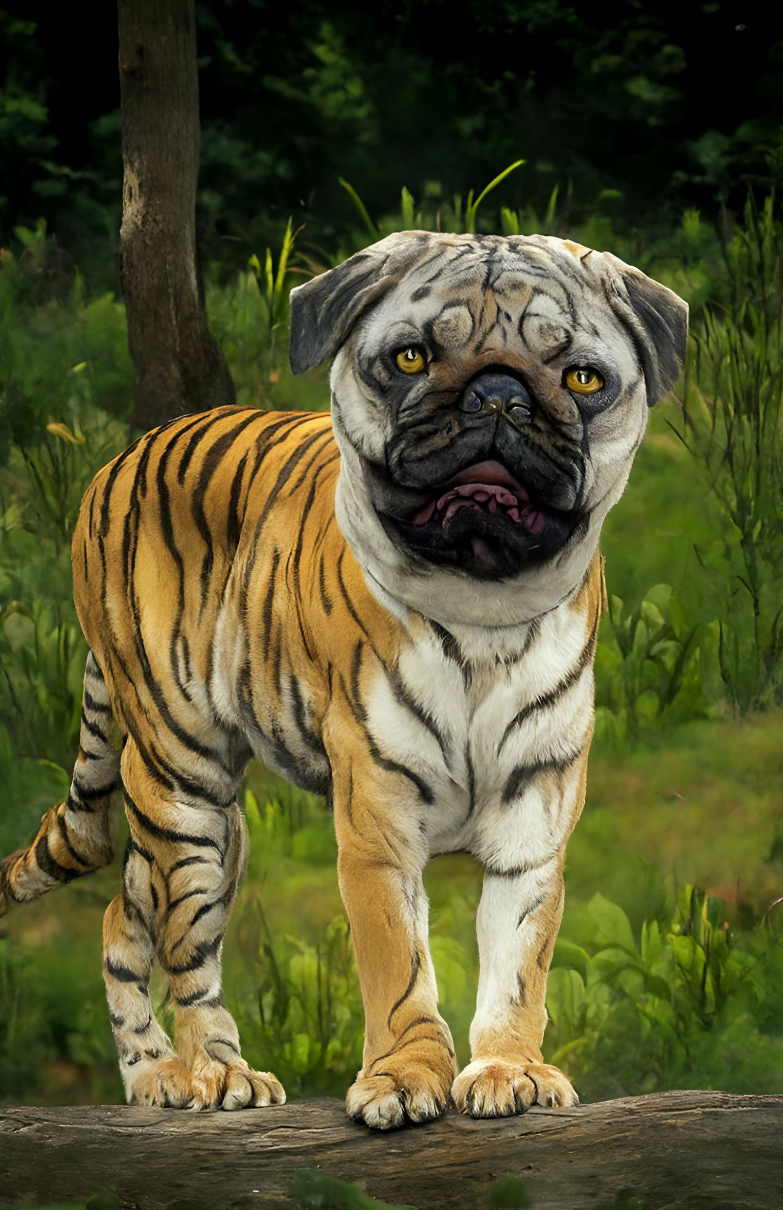 Surreal Pug-Headed Tiger Portrait in Ukiyo-e Style