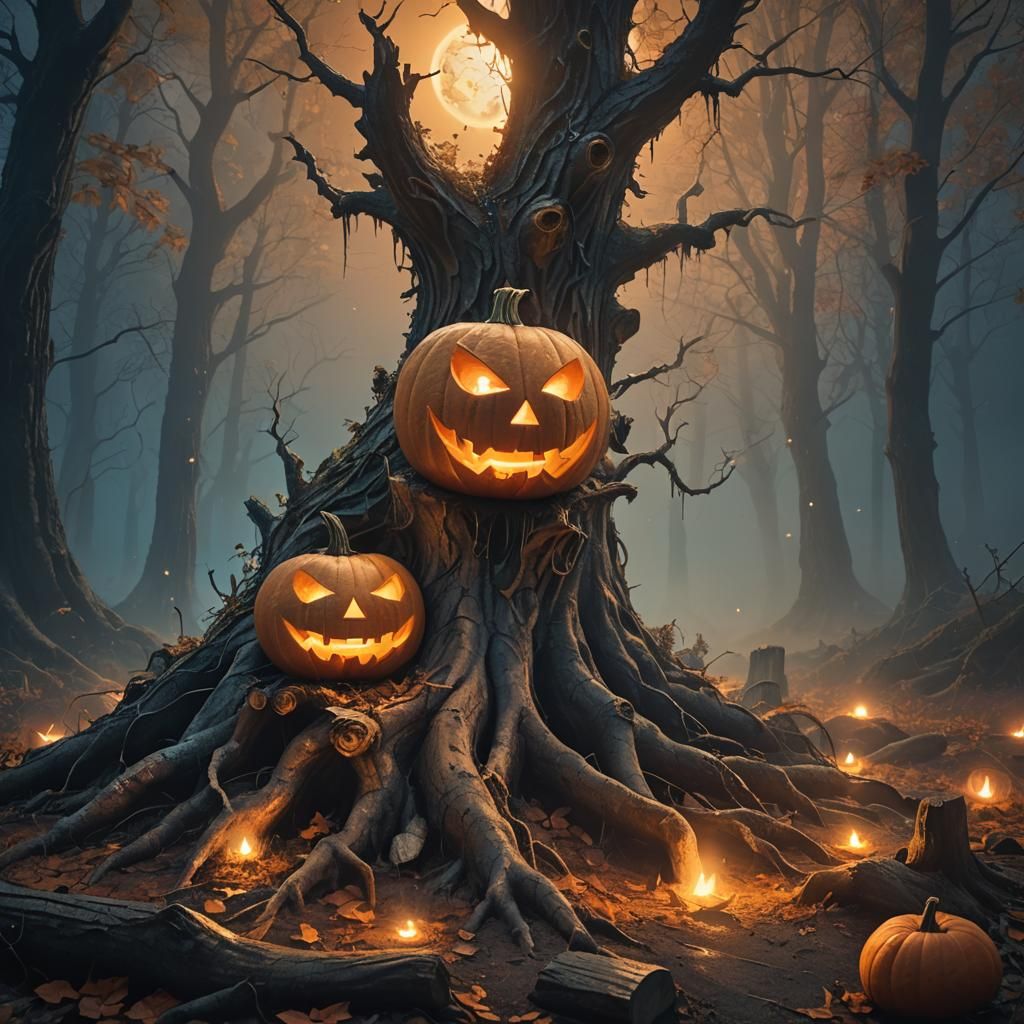 Glowing Jack-o'-Lantern in Mystical Moonlight Forest