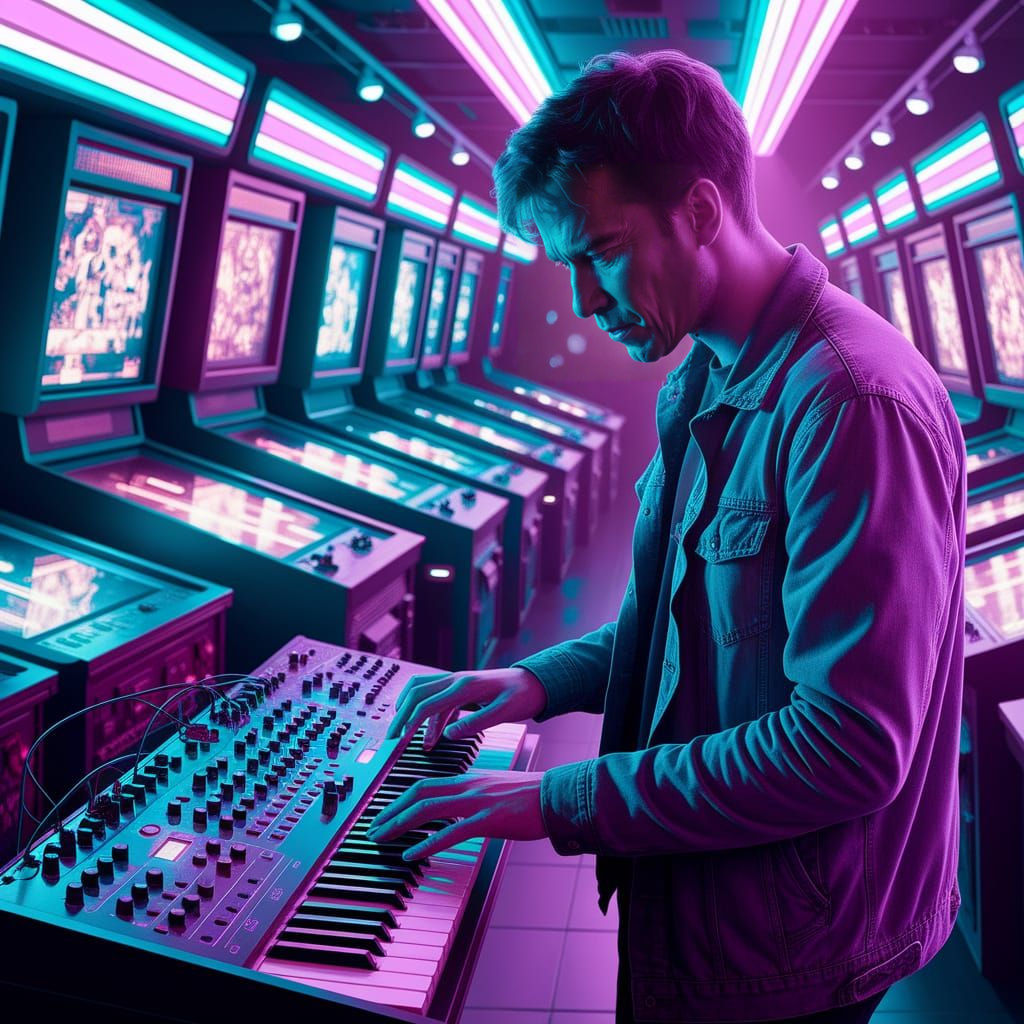 Goro's Synthwave Performance in Neon-Lit Arcade