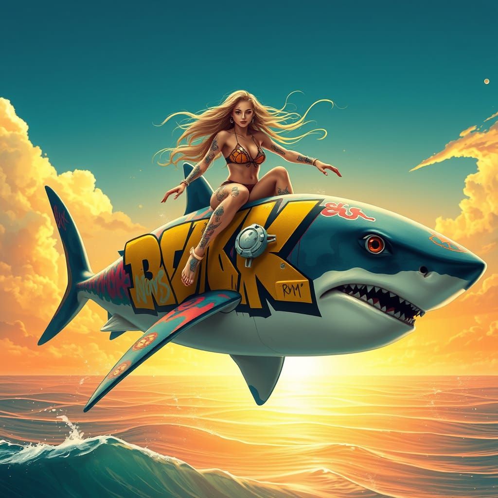 Woman Rides Graffiti Shark on Sunburnt Horizon